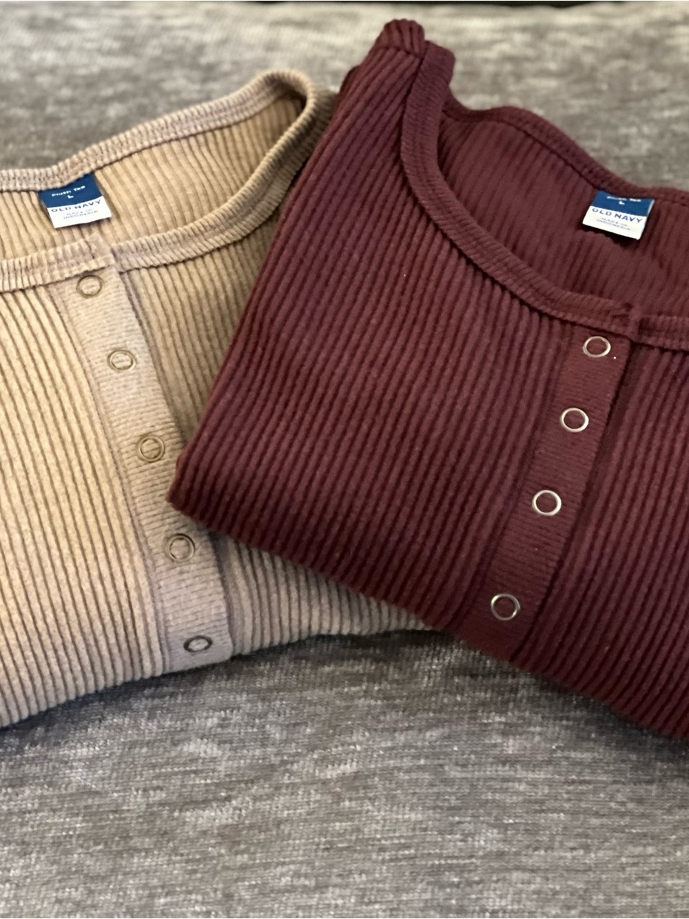 Old Navy Maroon and Tan Ribbed Henley Long Sleeve Top